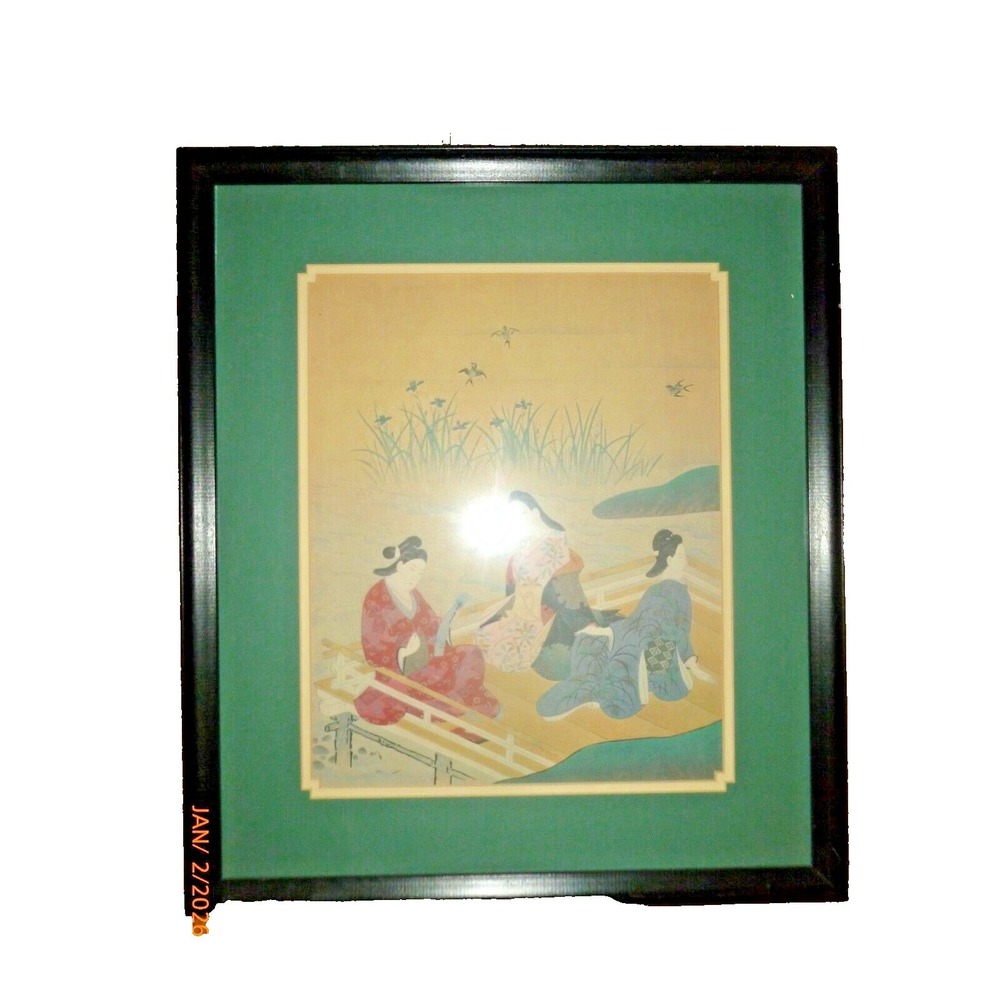 Vintage Japanese Framed Art Print Three Women in Kimonos Ukiyo-e Style 17x20
